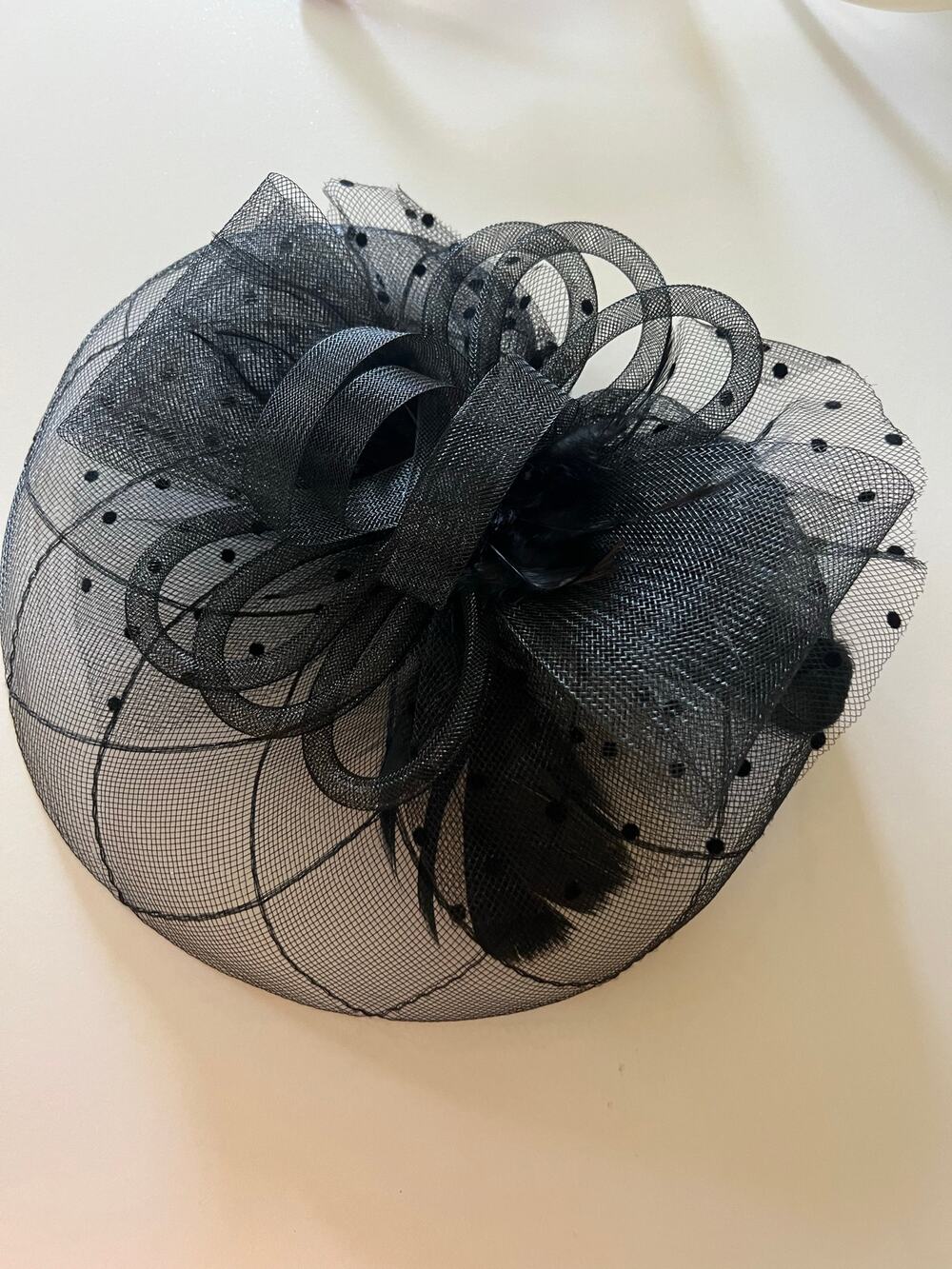 Black fascinator, clip on derby hat, mesh and lace w feather